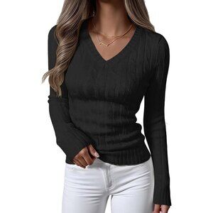 Womens Black Pull On Cable Knit Long Sleeve V Neck Fitted Casual Work Sweater